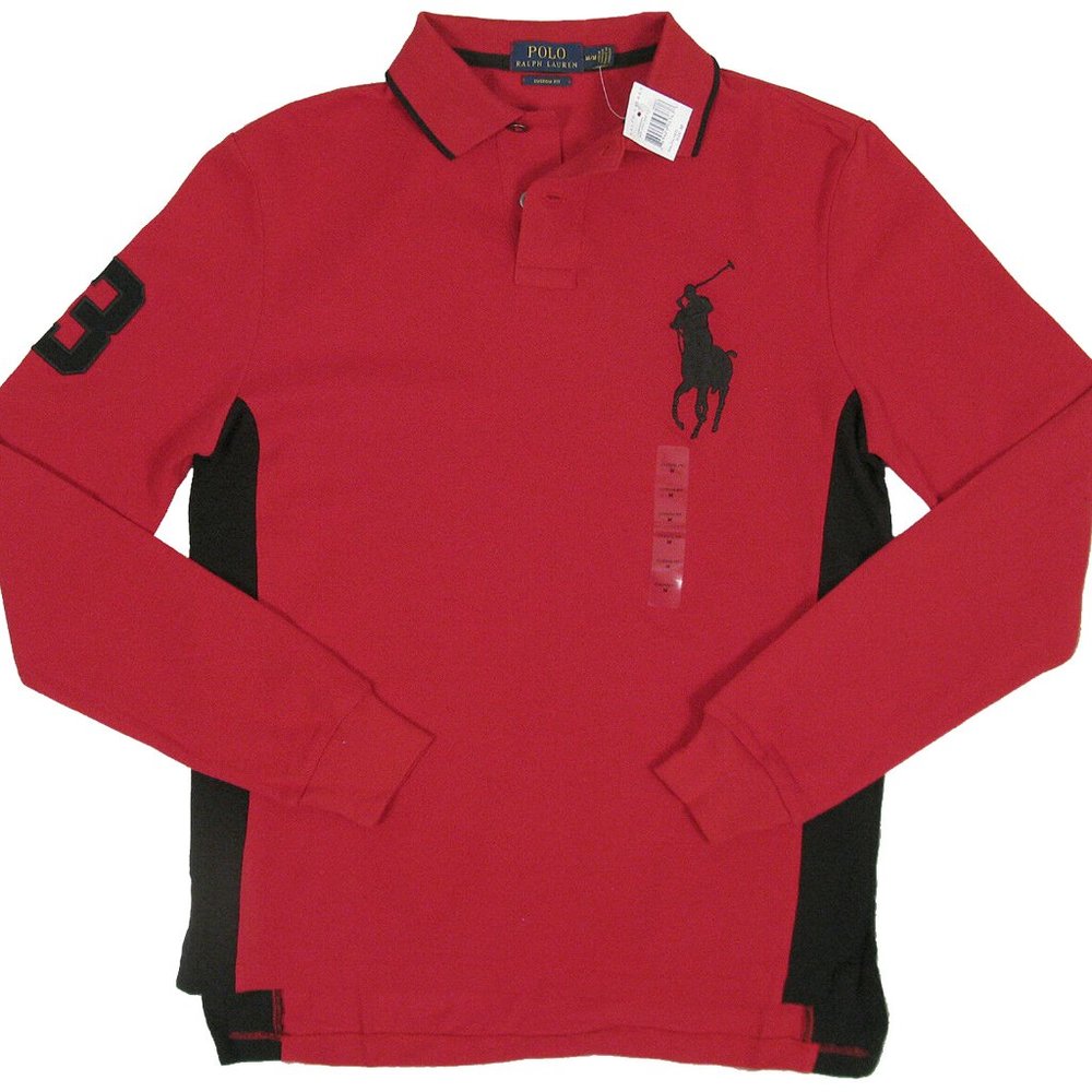 NEW $125 Polo Ralph Lauren Big Pony Polo Shirt! M Red & Black Long Sleeve SLIM
